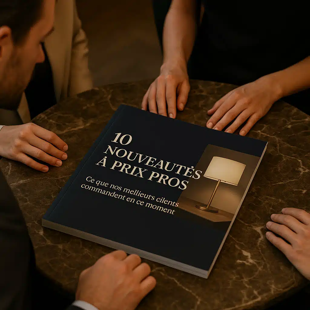 Un catalogue bleu marine intitulé “10 nouveautés à prix pros” repose sur une table en marbre brun. On y lit : “Ce que nos meilleurs clients commandent en ce moment”. Quatre personnes bien habillées l’entourent, les mains posées près du support, dans une lumière douce et chaleureuse.