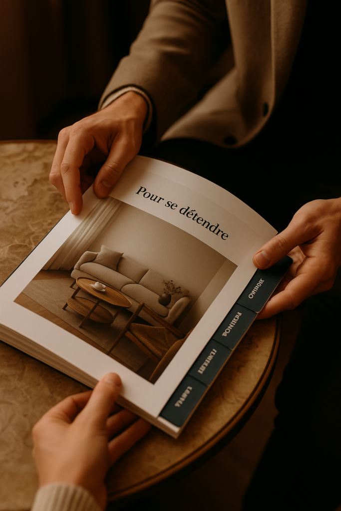 Deux mains tiennent un catalogue ouvert sur une table en marbre. Une page présente une photo chaleureuse d’un salon moderne avec canapé beige, et le titre “Pour se détendre” écrit en haut de page.