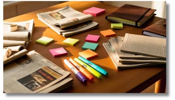 Anciens magazines annotés et réorganisés pour une nouvelle utilisation éditoriale