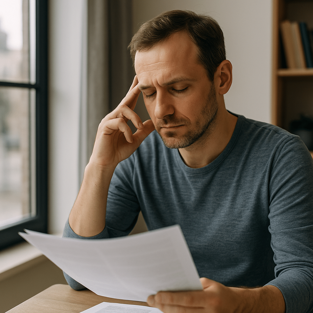 Un homme assis près d’une fenêtre lit un document avec une expression concentrée, symbolisant la réflexion avant une décision.