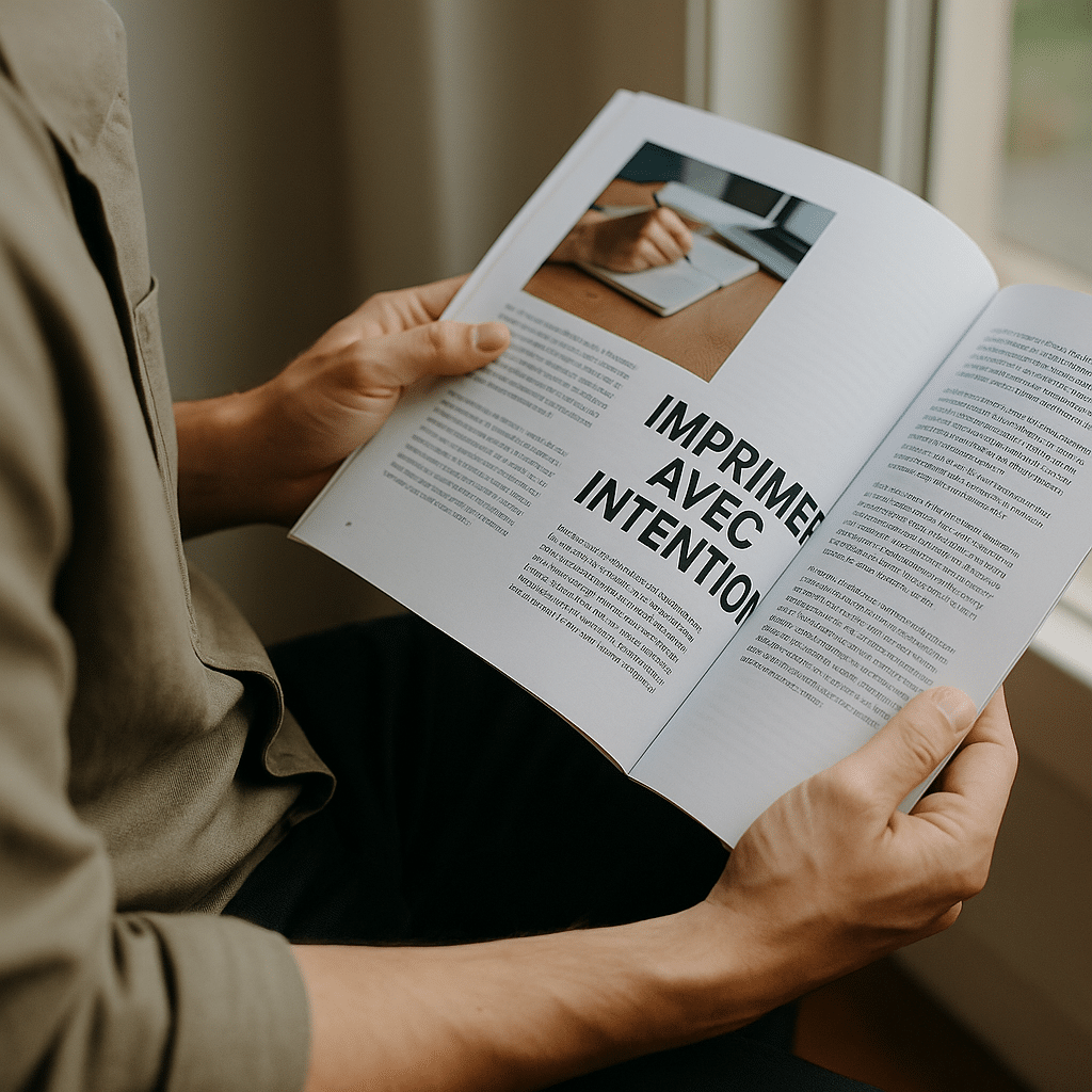 Un lecteur feuillette calmement un magazine imprimé, où l’on peut lire en grand le titre “IMPRIMER AVEC INTENTION”, dans une ambiance lumineuse et naturelle.